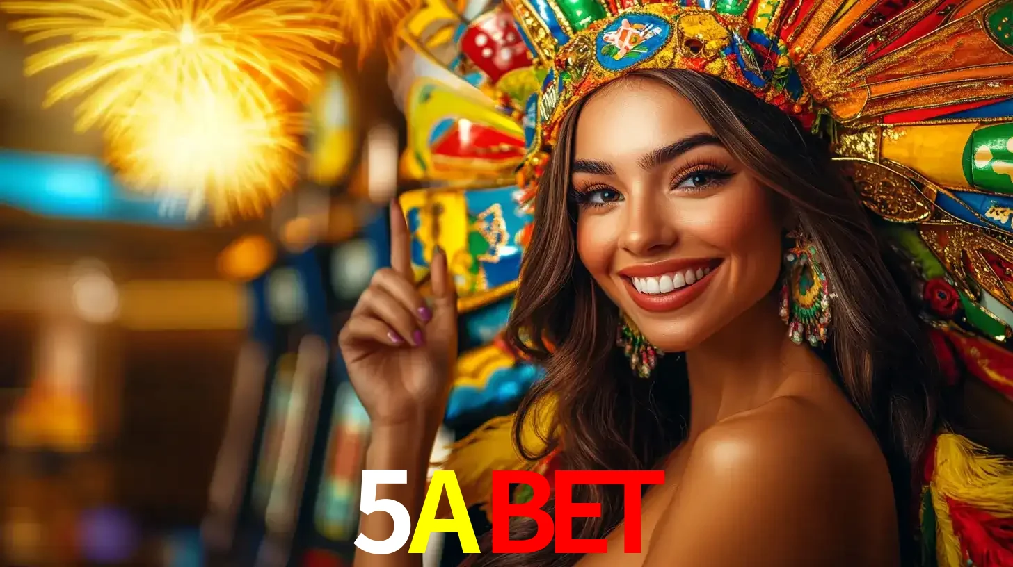 Mulher sorridente com um cocar de carnaval vibrante e colorido, celebrando uma grande vitória nos jogos do cassino 5ABET com fogos de artifício ao fundo.