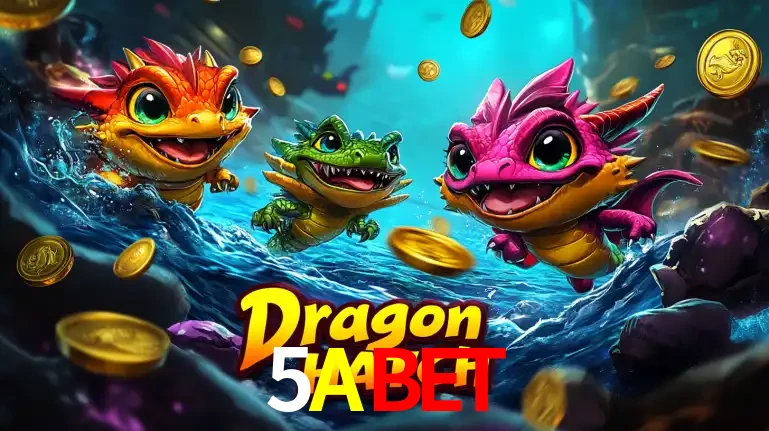 Arte promocional do jogo Dragon Hatch com três adoráveis dragões bebês nadando entre moedas de ouro, um dos slots mais divertidos para jogar no cassino 5ABET.