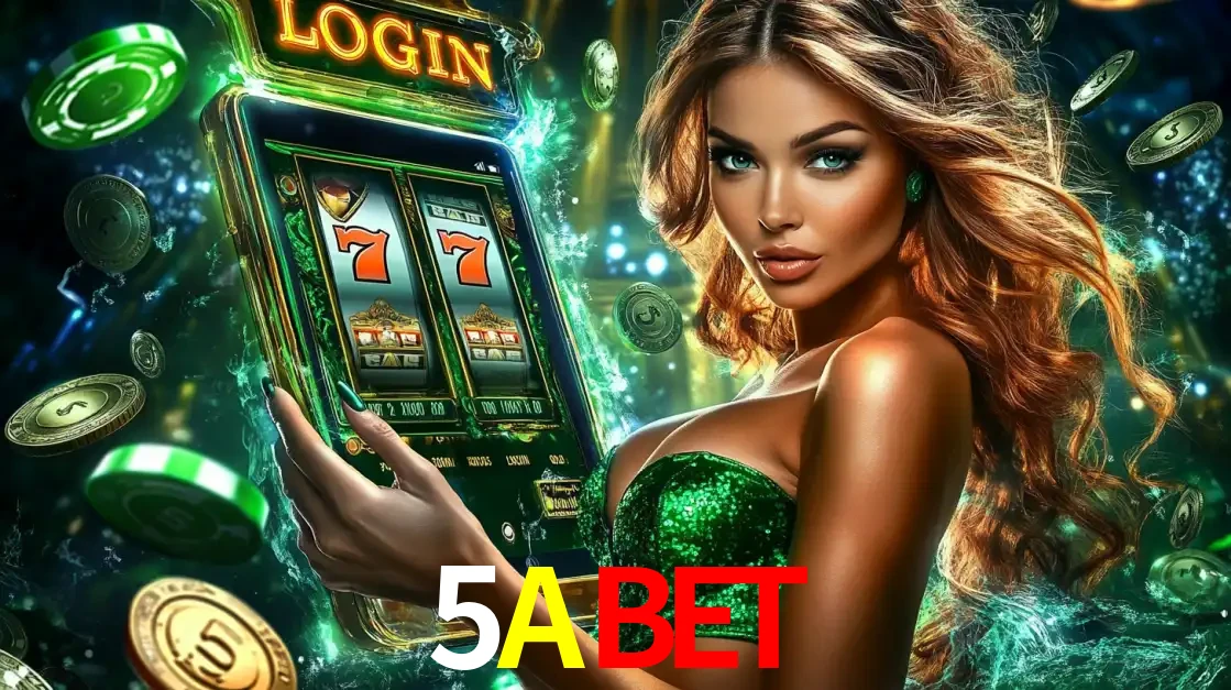 Mulher com tema verde apresentando o aplicativo do cassino 5ABET com um jogo de slot de 777, cercada por fichas de cassino e uma aura de sorte.