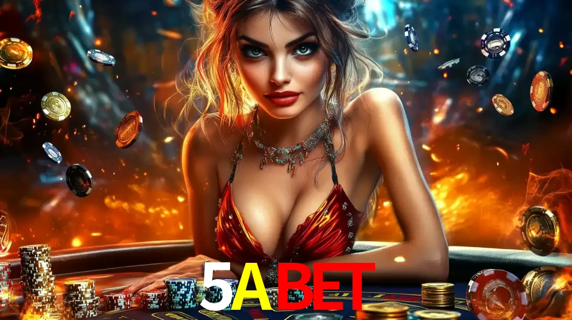 Mulher em uma mesa de cassino com pilhas de fichas e um fundo de fogo, pronta para uma rodada de altas apostas nos jogos de mesa emocionantes do cassino 5ABET.